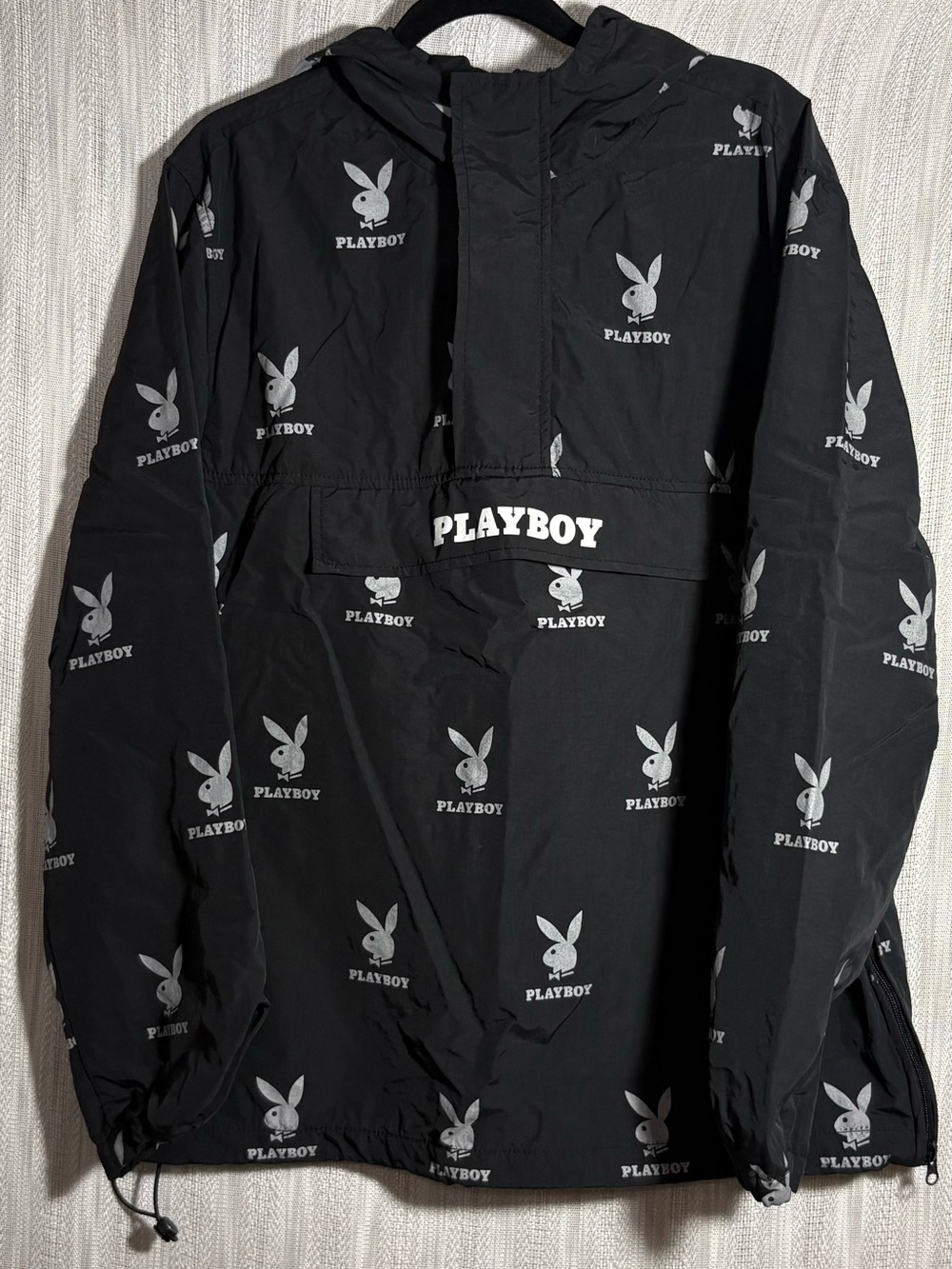 PLAYBOY Black Pullover Anorak with White Bunny Print - Picture 2 of 5